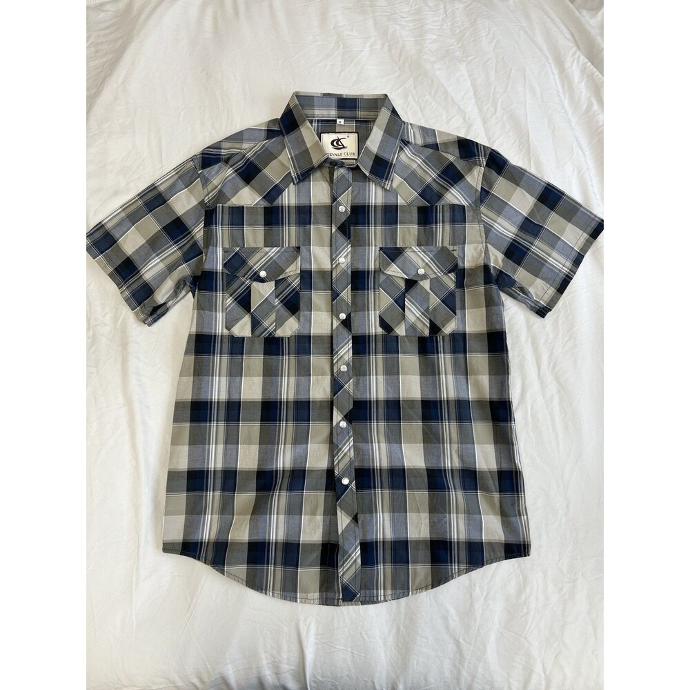 Coevals Club Pearl Snap Shirt Mens M Tan Navy Plaid Western Cowboy Rodeo
